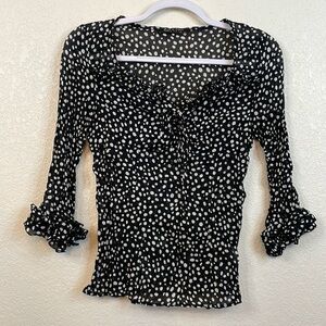 VIOLET & CLAIR NEW YORK 3/4 Sleeve Black Sheer White Polka Dot Side Zip Ruffel